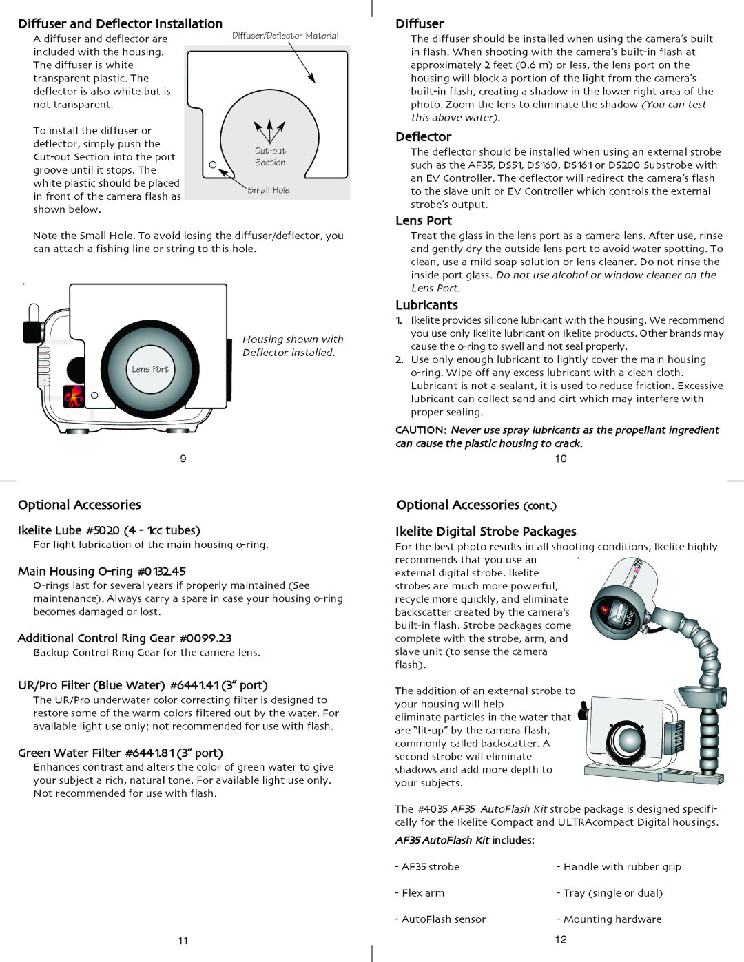 Ikelite S95 manual Diffuser, Deflector, Lens Port, Lubricants, Optional Accessories 