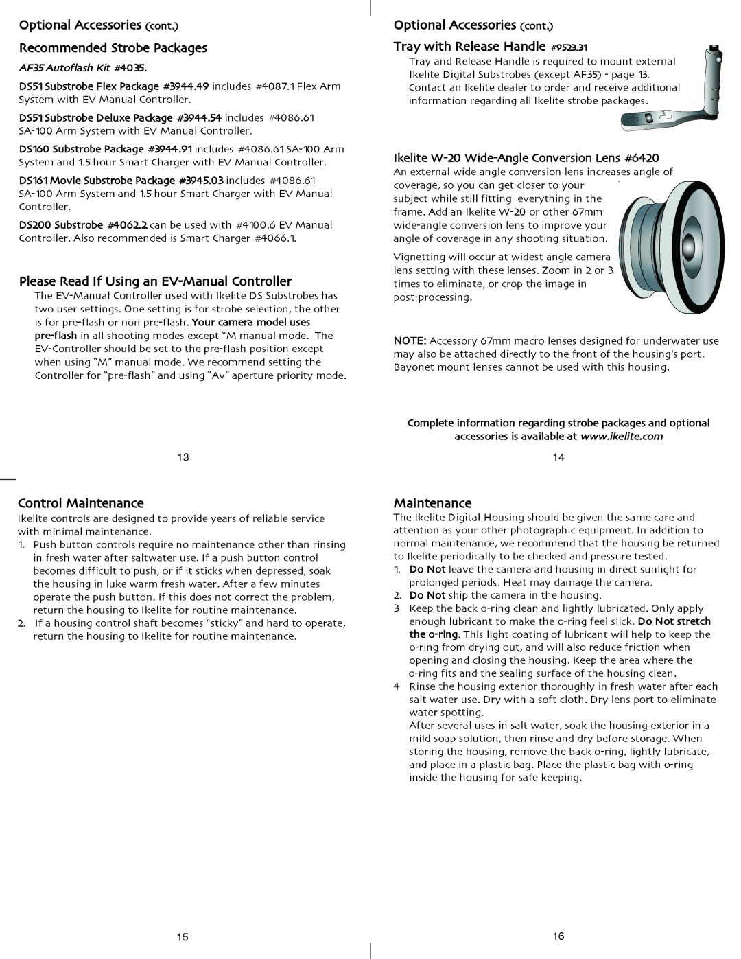 Ikelite S95 Optional Accessories Recommended Strobe Packages, Please Read If Using an EV-Manual Controller, Maintenance 