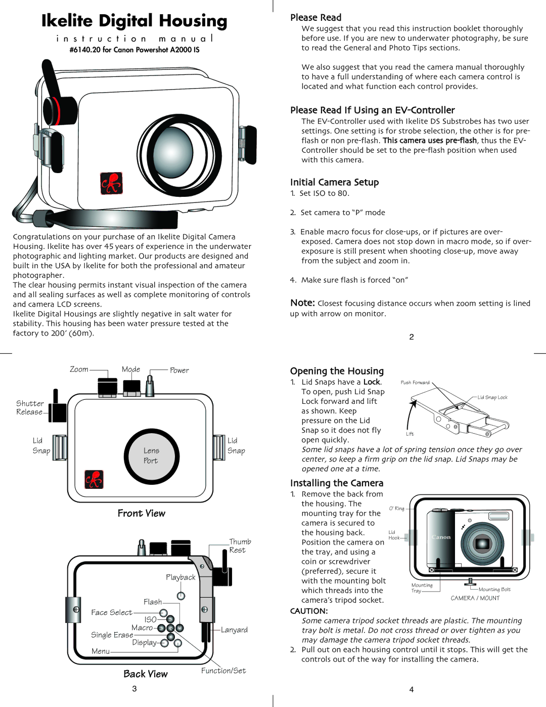 Ikelite A2000 IS, SA-100 instruction manual Please Read If Using an EV-Controller, Initial Camera Setup 1. Set ISO to 