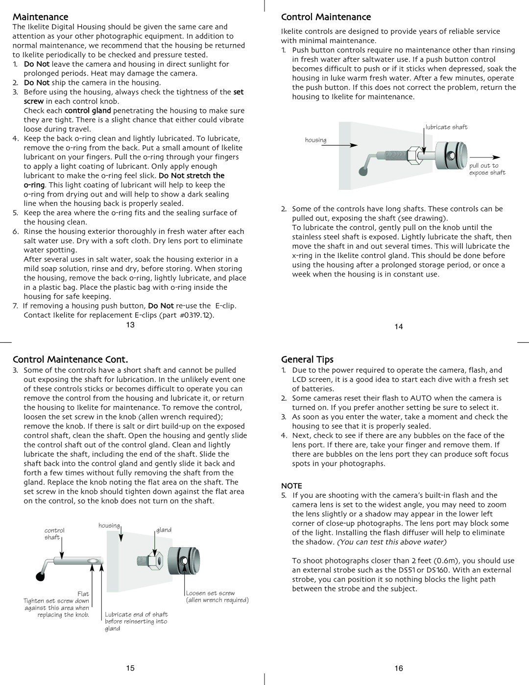 Ikelite A2000 IS, SA-100, DS160 instruction manual Control Maintenance, General Tips 