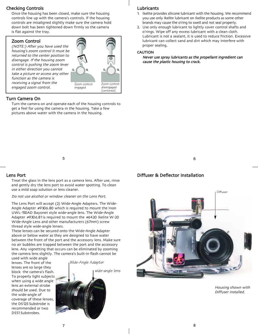 Ikelite SD-750 Checking Controls, Lubricants, Turn Camera On, Lens Port, Diffuser & Deflector Installation 