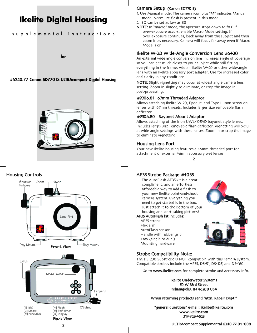 Ikelite SD770 manual Ikelite W-20 Wide-Angle Conversion Lens #6420, Housing Lens Port, Housing Controls 