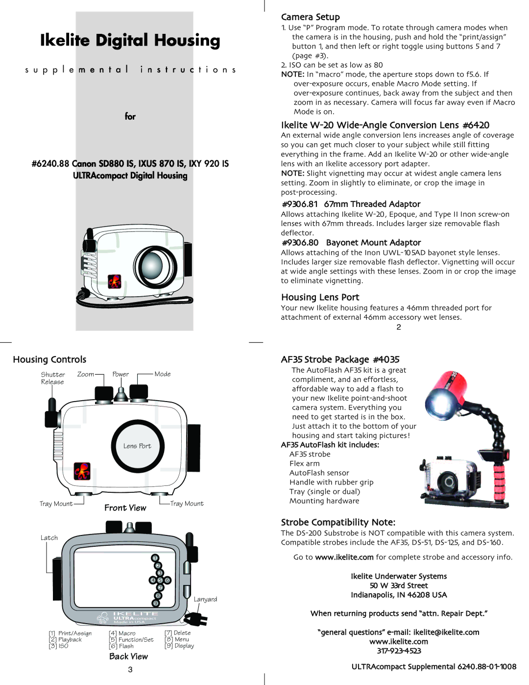 Ikelite IXUS 870 IS, SD880 IS, IXY 920 IS, 6240.88 manual Camera Setup, Front View, Back3View 