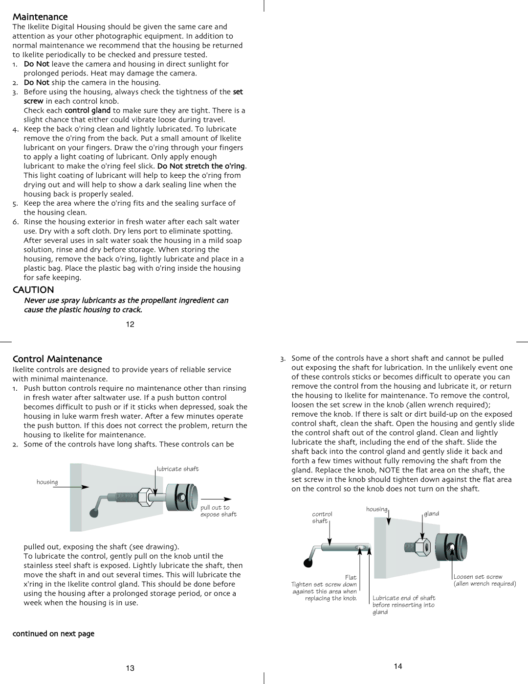 Ikelite IXUS SD900 Ti instruction manual Control Maintenance, On next 