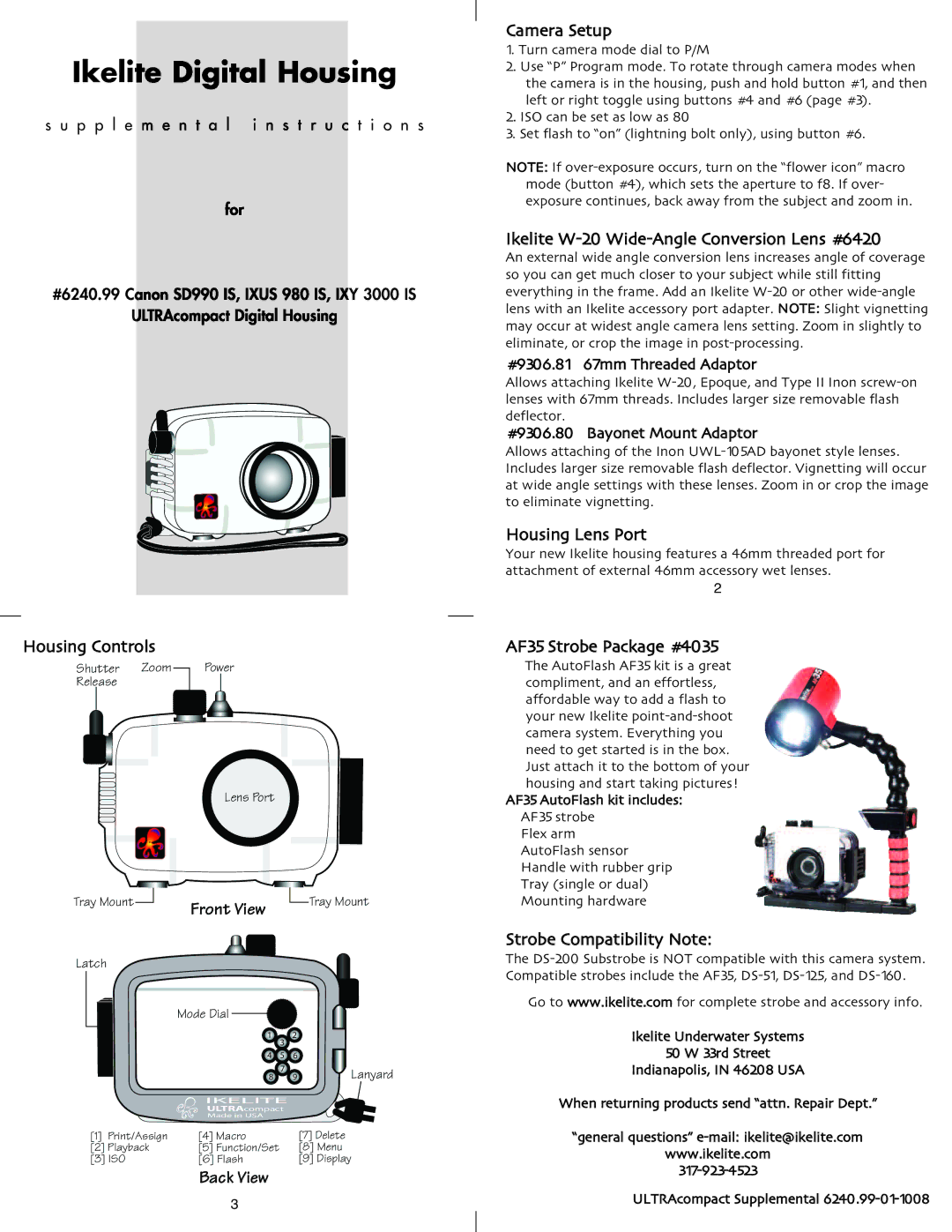 Ikelite IXY 3000 IS, SD990 IS, IXUS 980 IS manual Ikelite Digital Housing, Front View, Back3View Camera Setup 