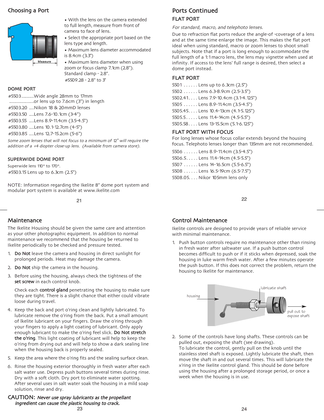 Ikelite SLR-DC instruction manual Ports, Choosing a Port, Control Maintenance 