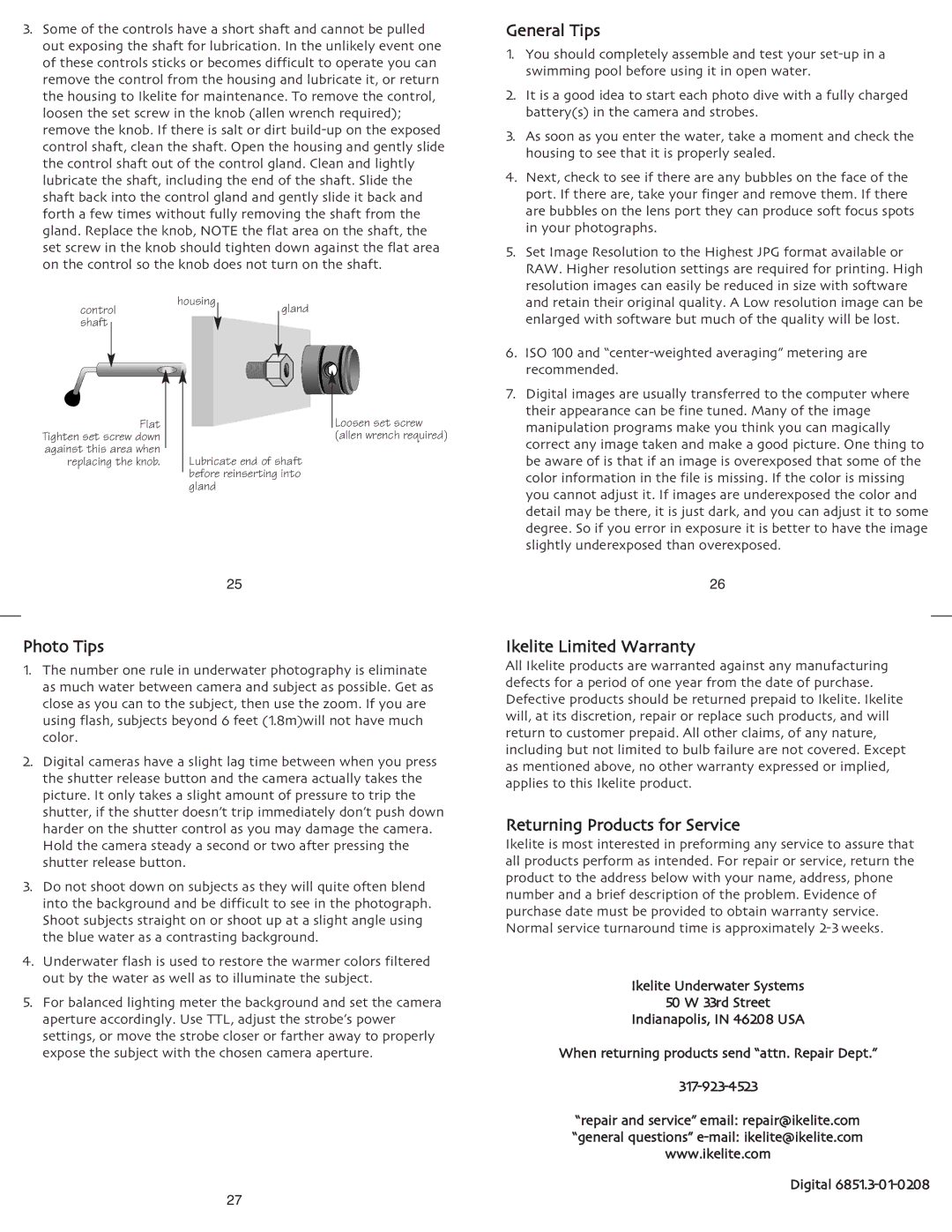 Ikelite SLR-DC instruction manual General Tips, Photo Tips, Ikelite Limited Warranty, Returning Products for Service 