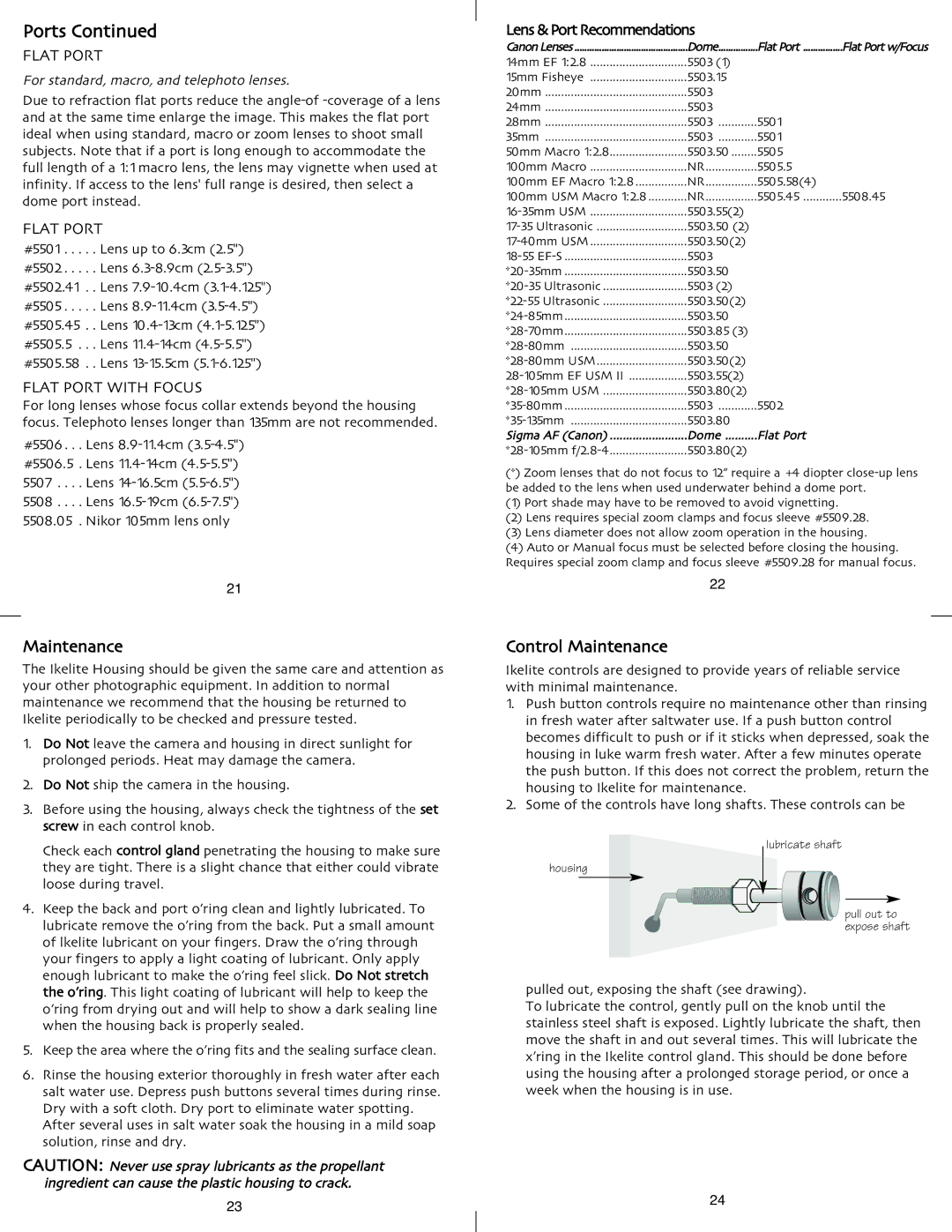 Ikelite SLR-DC instruction manual Control Maintenance, Flat Port with Focus 