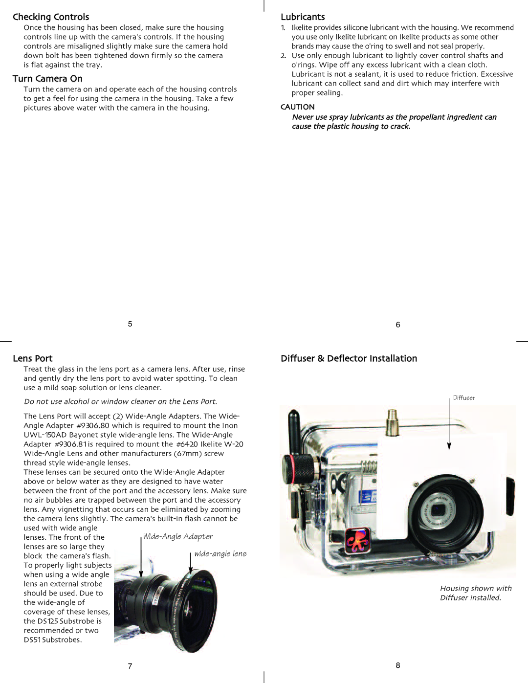 Ikelite Stylus 760, Mju760 Checking Controls, Turn Camera On, Lens Port, Lubricants, Diffuser & Deflector Installation 