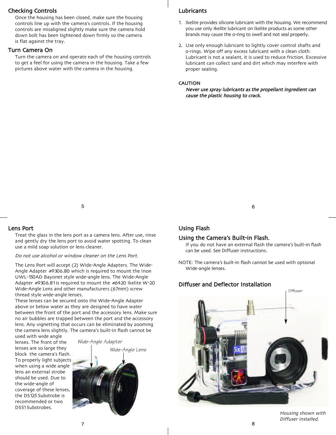 Ikelite Stylus 780, Mju780 Lubricants, Using Flash Using the Camera’s Built-in Flash, Diffuser and Deflector Installation 