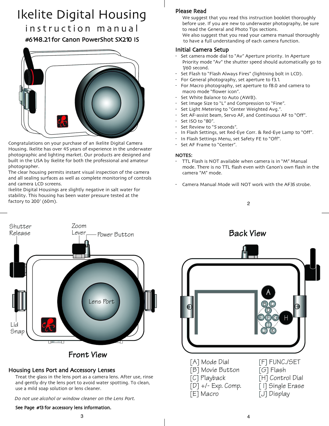 Ikelite SX210 IS instruction manual Please Read, Initial Camera Setup, Lever Power Button 