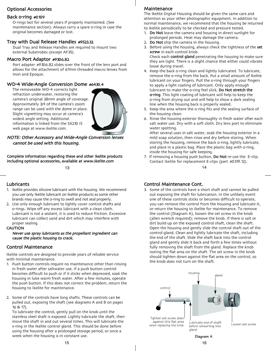 Ikelite SX210 IS instruction manual Maintenance 