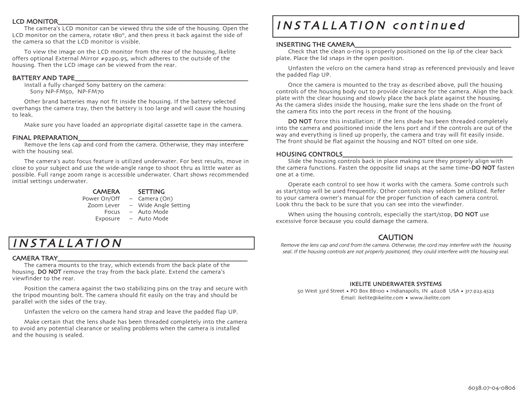 Ikelite TRV19, TRV33, TRV22, TRV14, DCR-HC14, DCR-HC15 instruction manual S T a L L a T IO N 