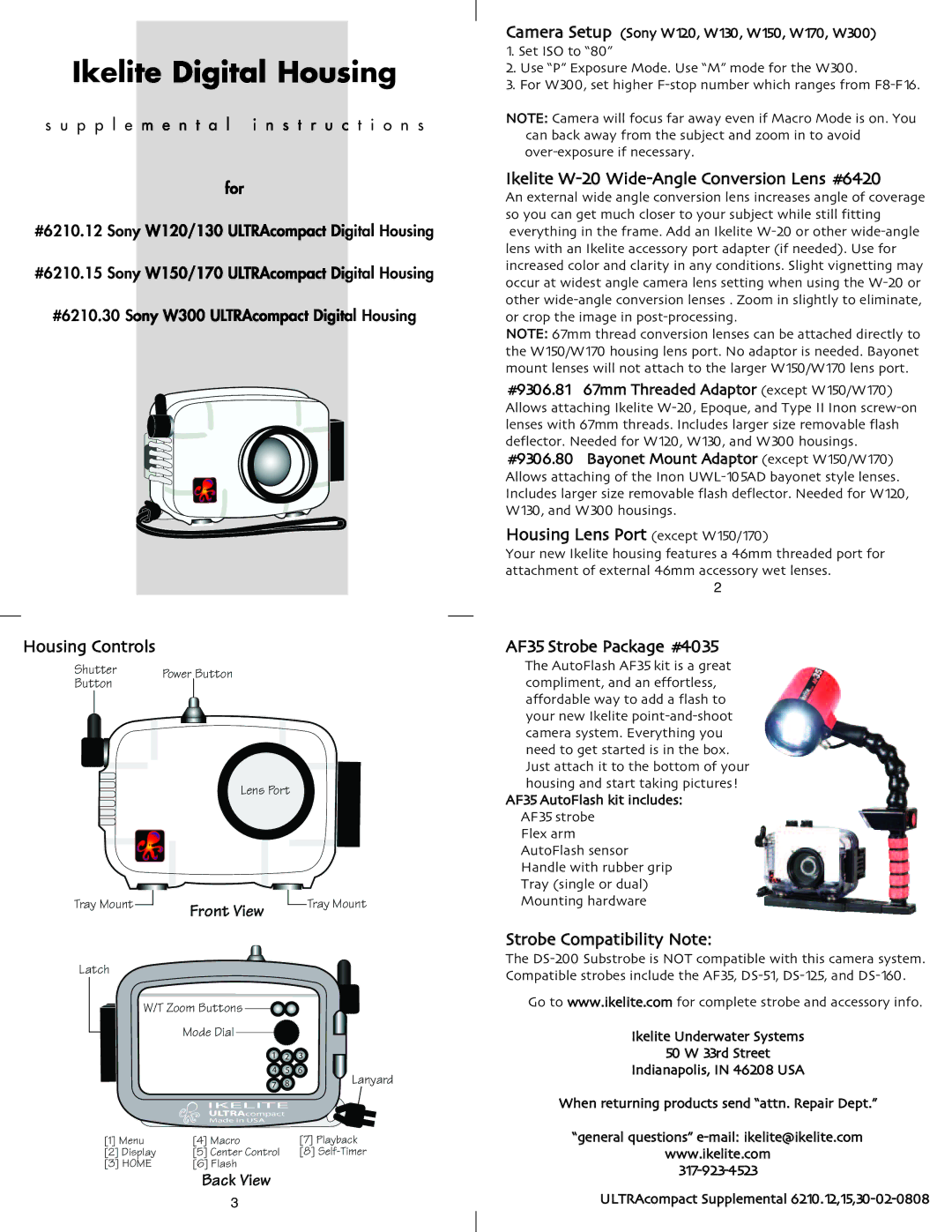 Ikelite W150, W-120, W170, W-130, W300 manual Ikelite Digital Housing, Front View, Back3 View 