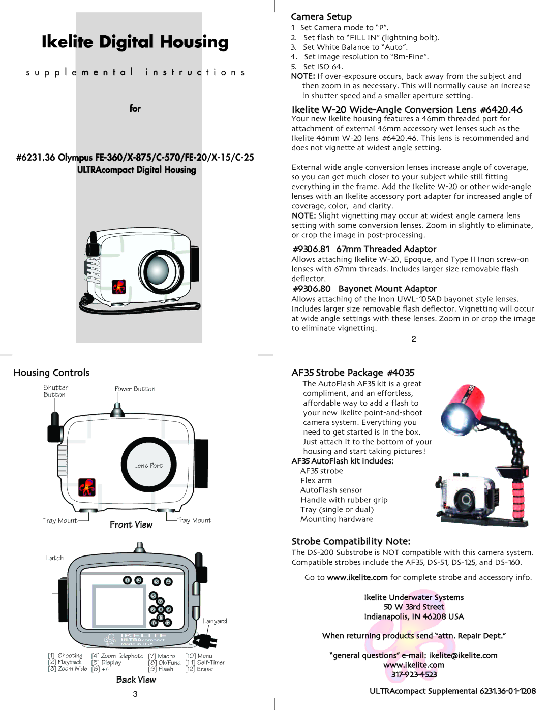 Ikelite X-875, X-15 manual Ikelite Digital Housing, Housing Controls, Back View, Camera Setup, Strobe Compatibility Note 