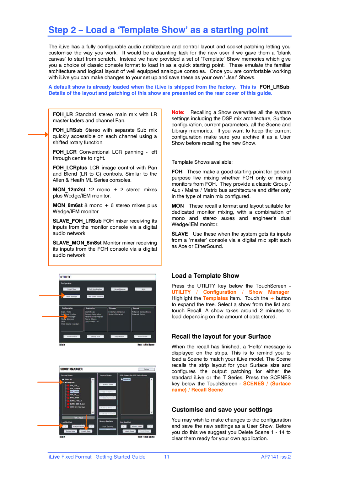 iLive AP7141 manual Load a ‘Template Show’ as a starting point, Load a Template Show, Recall the layout for your Surface 