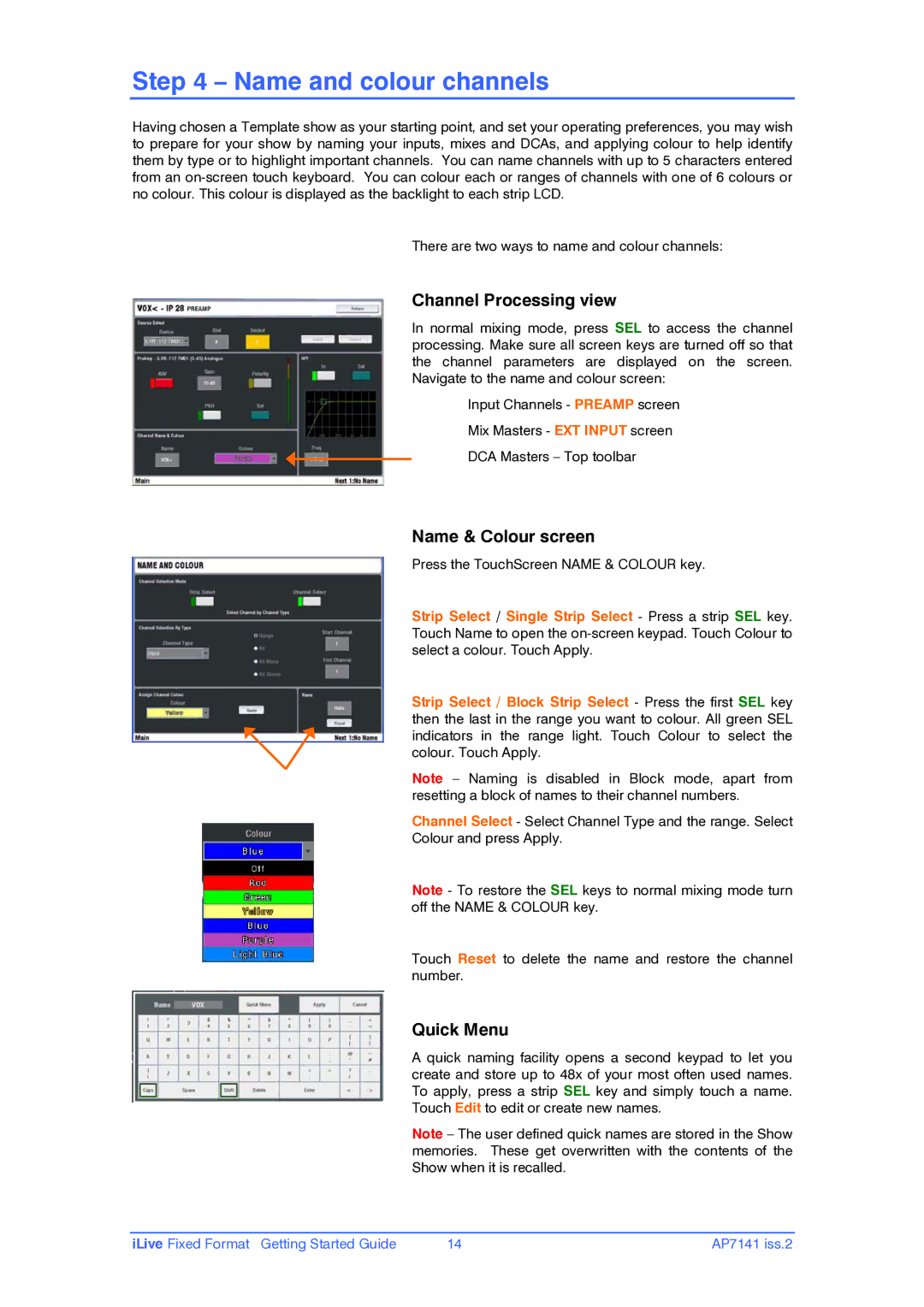 iLive AP7141 manual Name and colour channels, Channel Processing view, Name & Colour screen, Quick Menu 