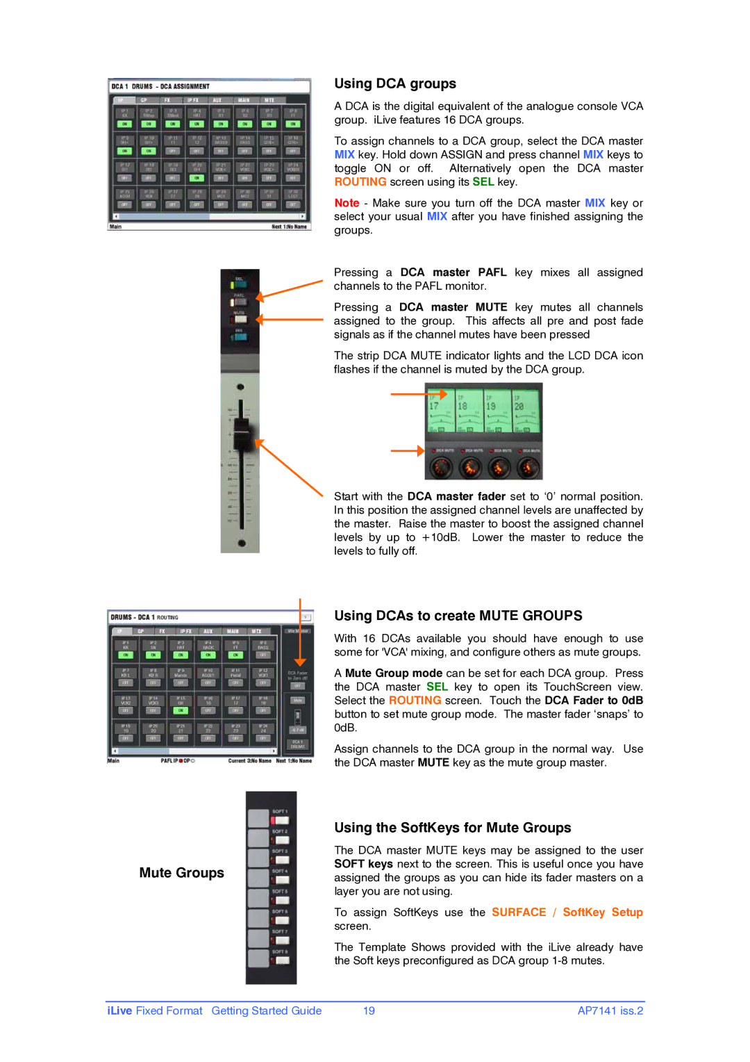 iLive AP7141 manual Using DCA groups, Using DCAs to create Mute Groups, Using the SoftKeys for Mute Groups 