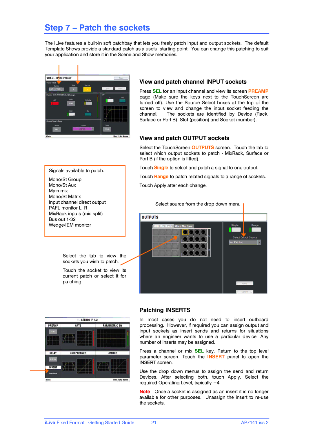 iLive AP7141 Patch the sockets, View and patch channel Input sockets, View and patch Output sockets, Patching Inserts 