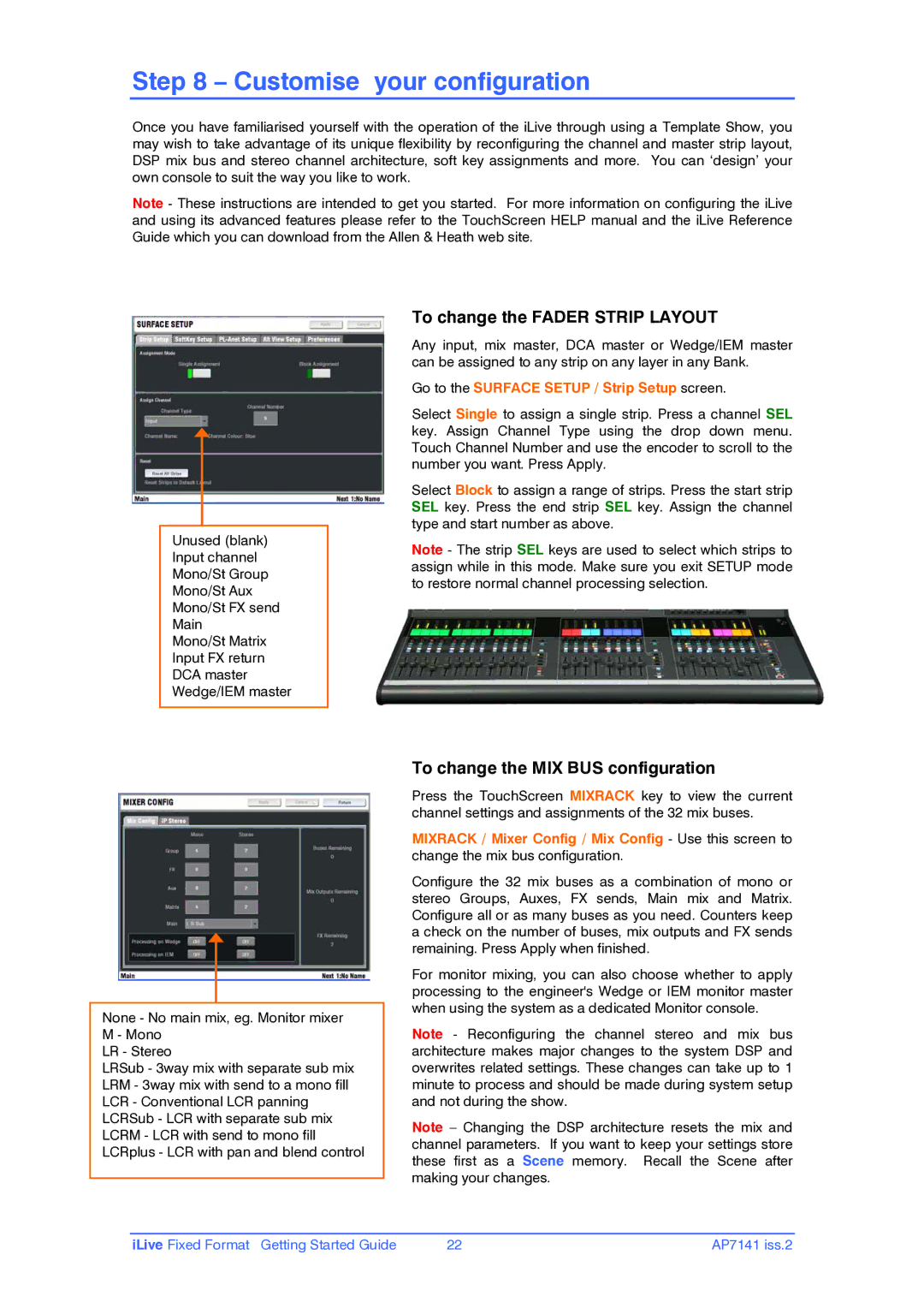 iLive AP7141 manual Customise your configuration, To change the Fader Strip Layout, To change the MIX BUS configuration 