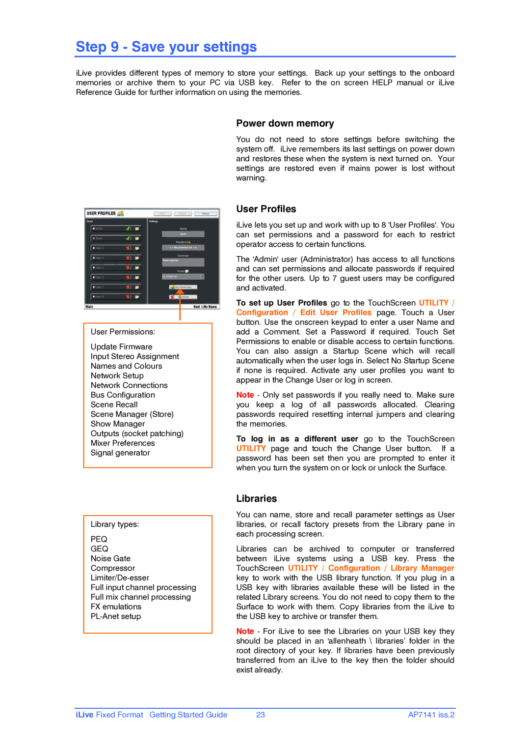 iLive AP7141 manual Save your settings, Power down memory, User Profiles, Libraries, Peq 