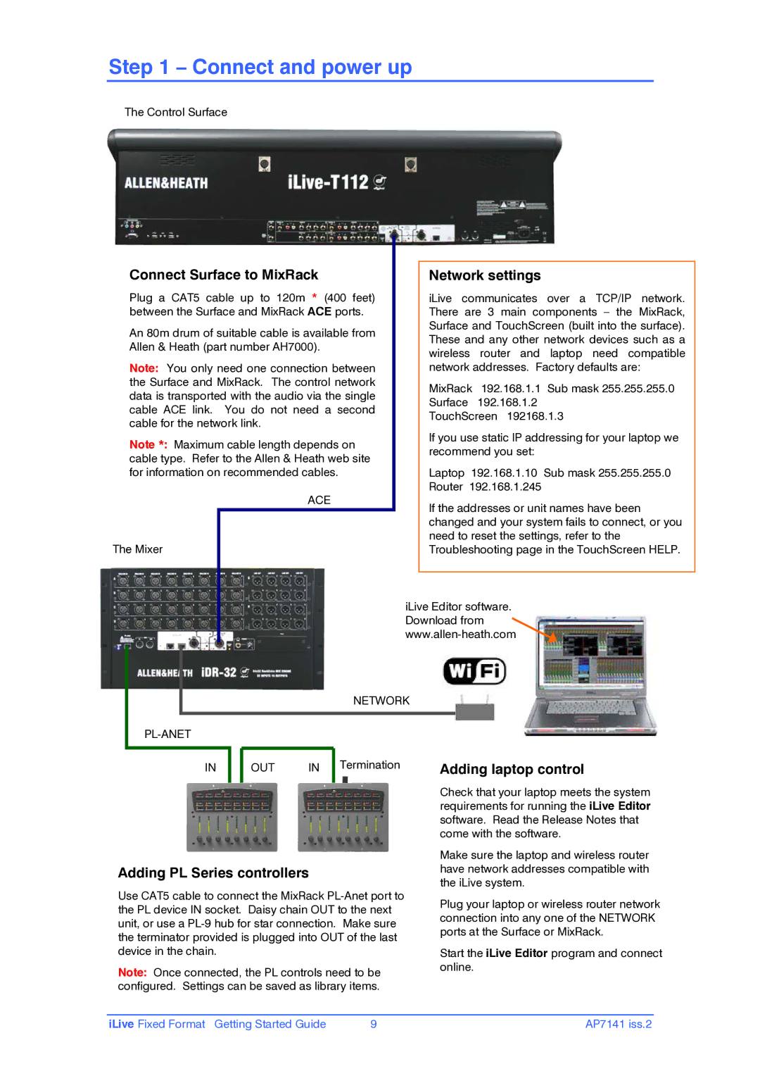 iLive AP7141 manual Connect and power up, Connect Surface to MixRack Network settings, Ace, Network PL-ANET 