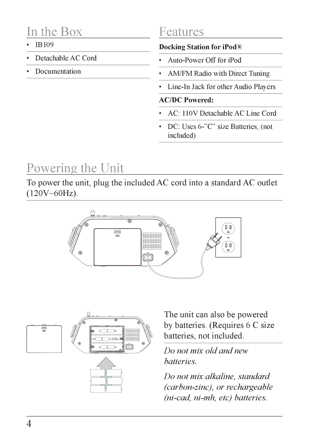 iLive IB109PR, IB109BU important safety instructions Box, Powering the Unit Features 