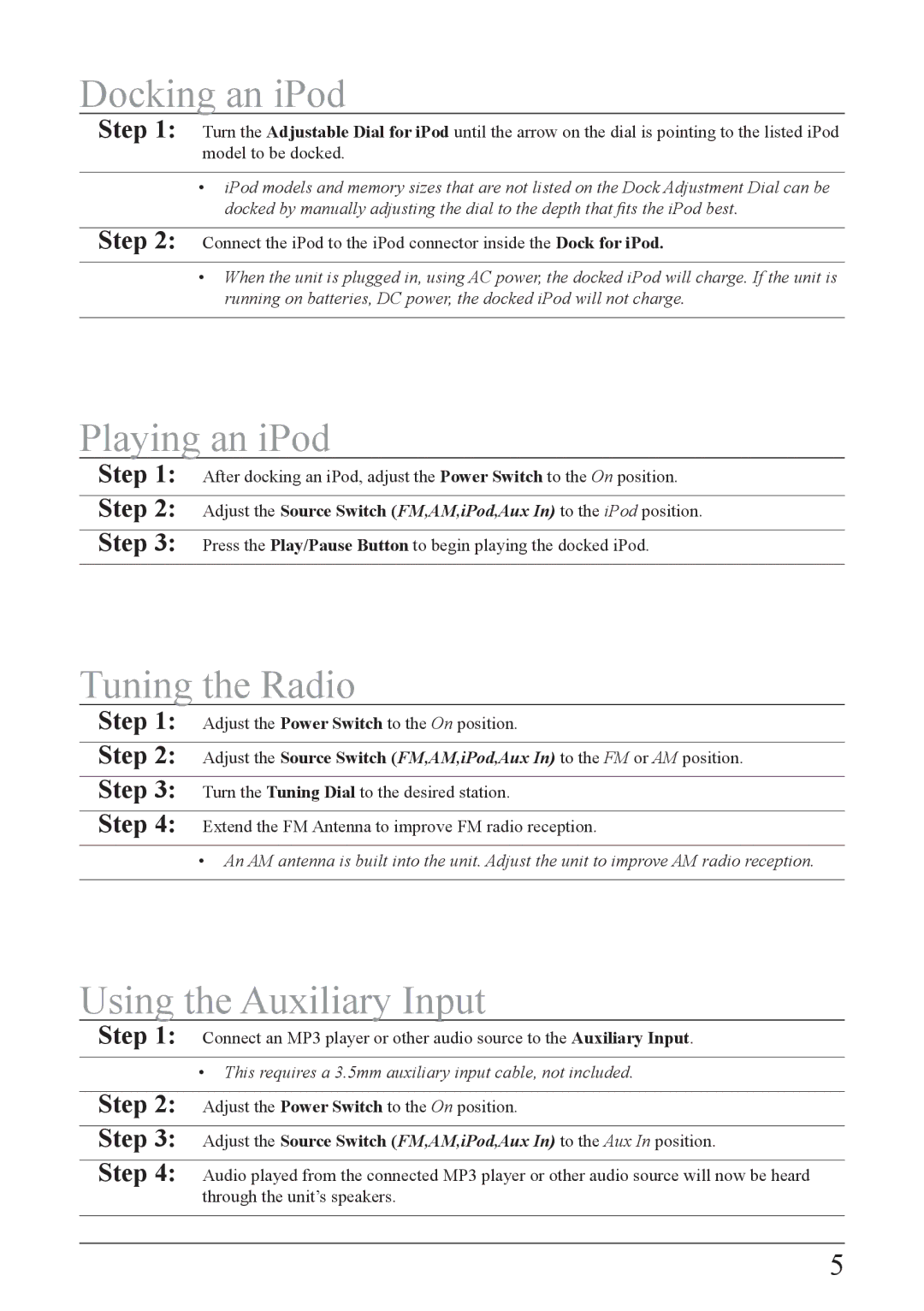 iLive IB109PR, IB109BU Docking an iPod, Playing an iPod, Tuning the Radio, Using the Auxiliary Input 