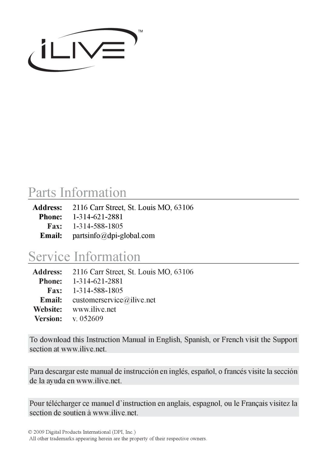 iLive IB109PR, IB109BU important safety instructions Parts Information, Service Information 