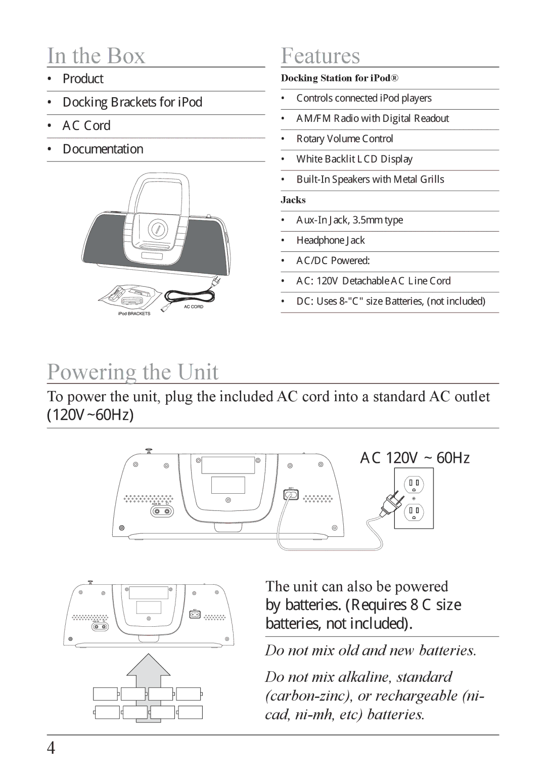 iLive IB209 important safety instructions Box, Powering the Unit Features, Docking Station for iPod, Jacks 