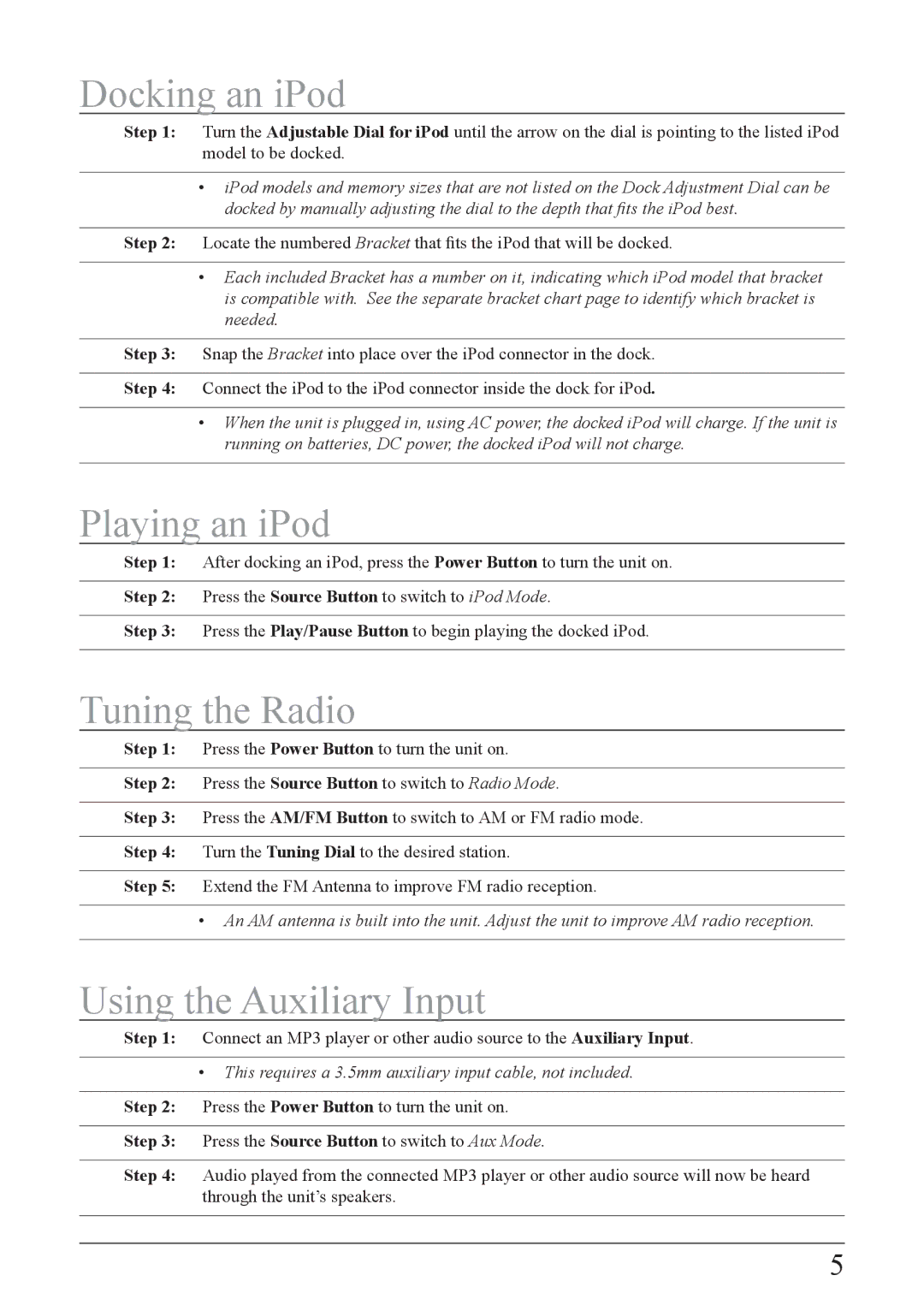 iLive IB209 important safety instructions Docking an iPod, Playing an iPod, Tuning the Radio, Using the Auxiliary Input 