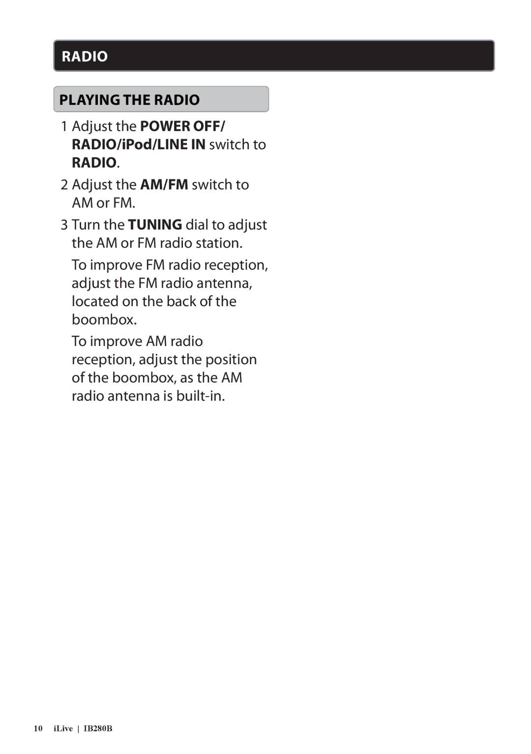 iLive IB280B manual Playing the Radio 