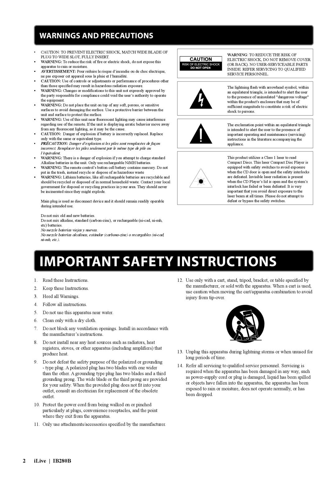 iLive IB280B manual Important Safety Instructions 