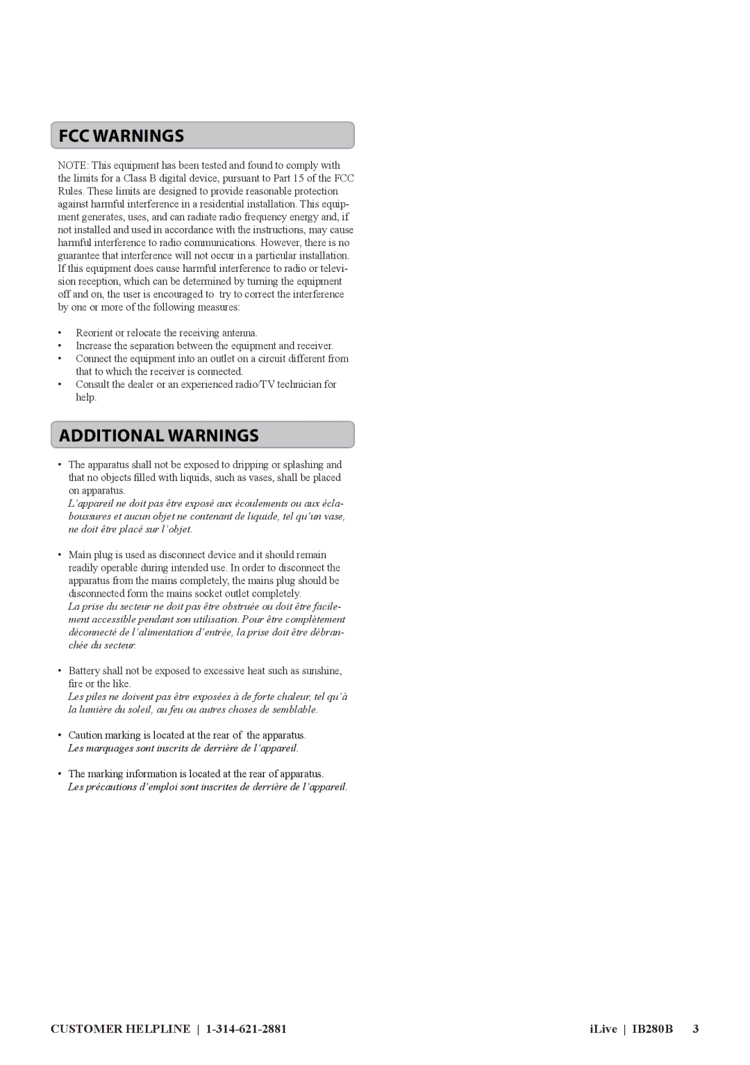 iLive IB280B manual FCC Warnings 