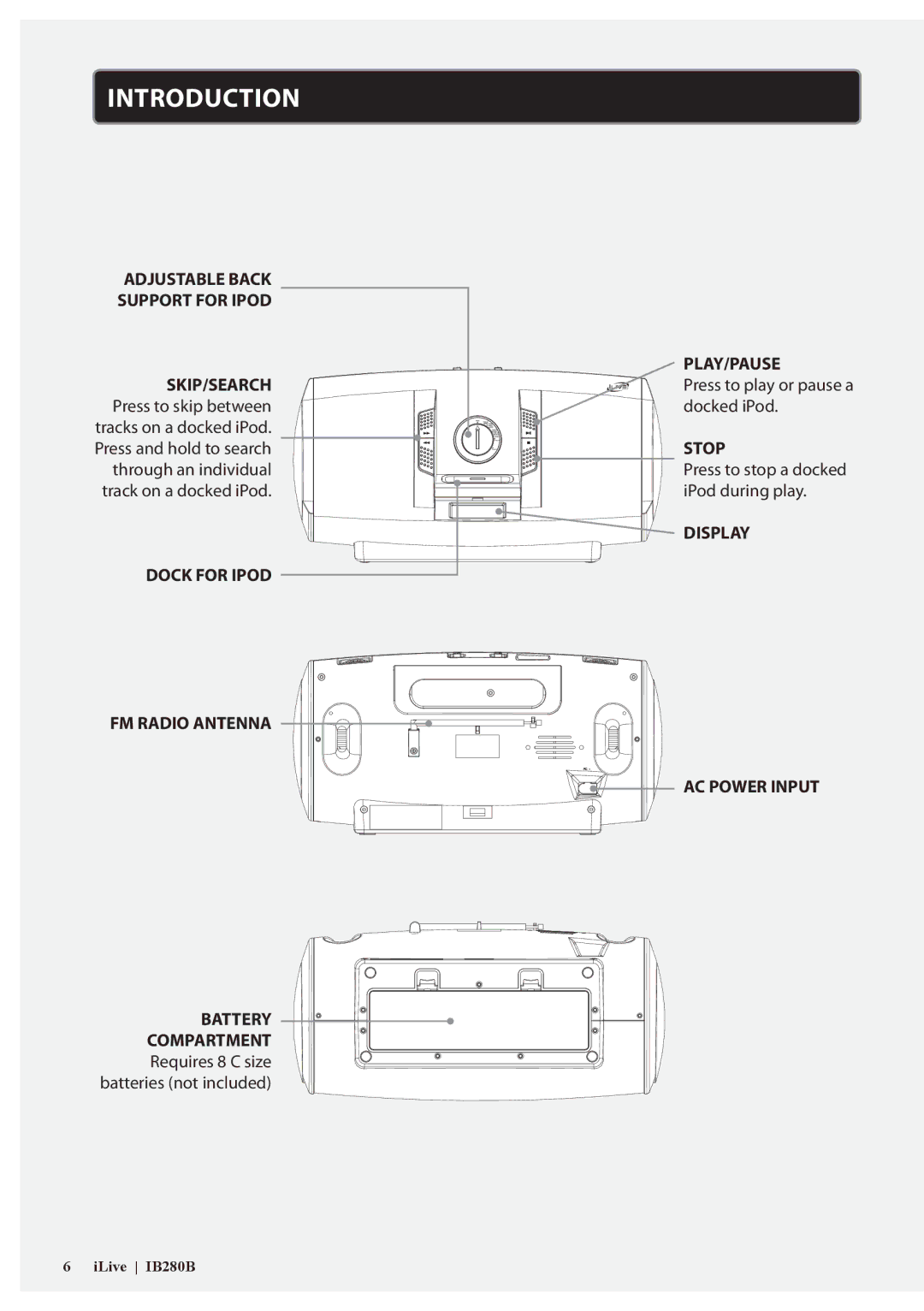 iLive IB280B manual Introduction, Adjustable Back Support for Ipod SKIP/SEARCH 