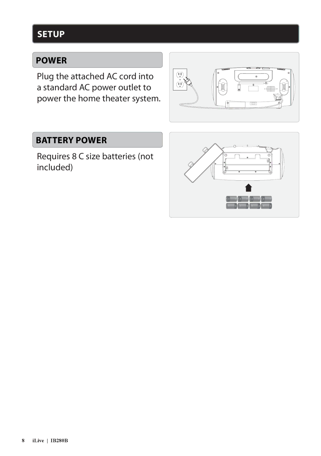 iLive IB280B manual Setup, Battery Power 