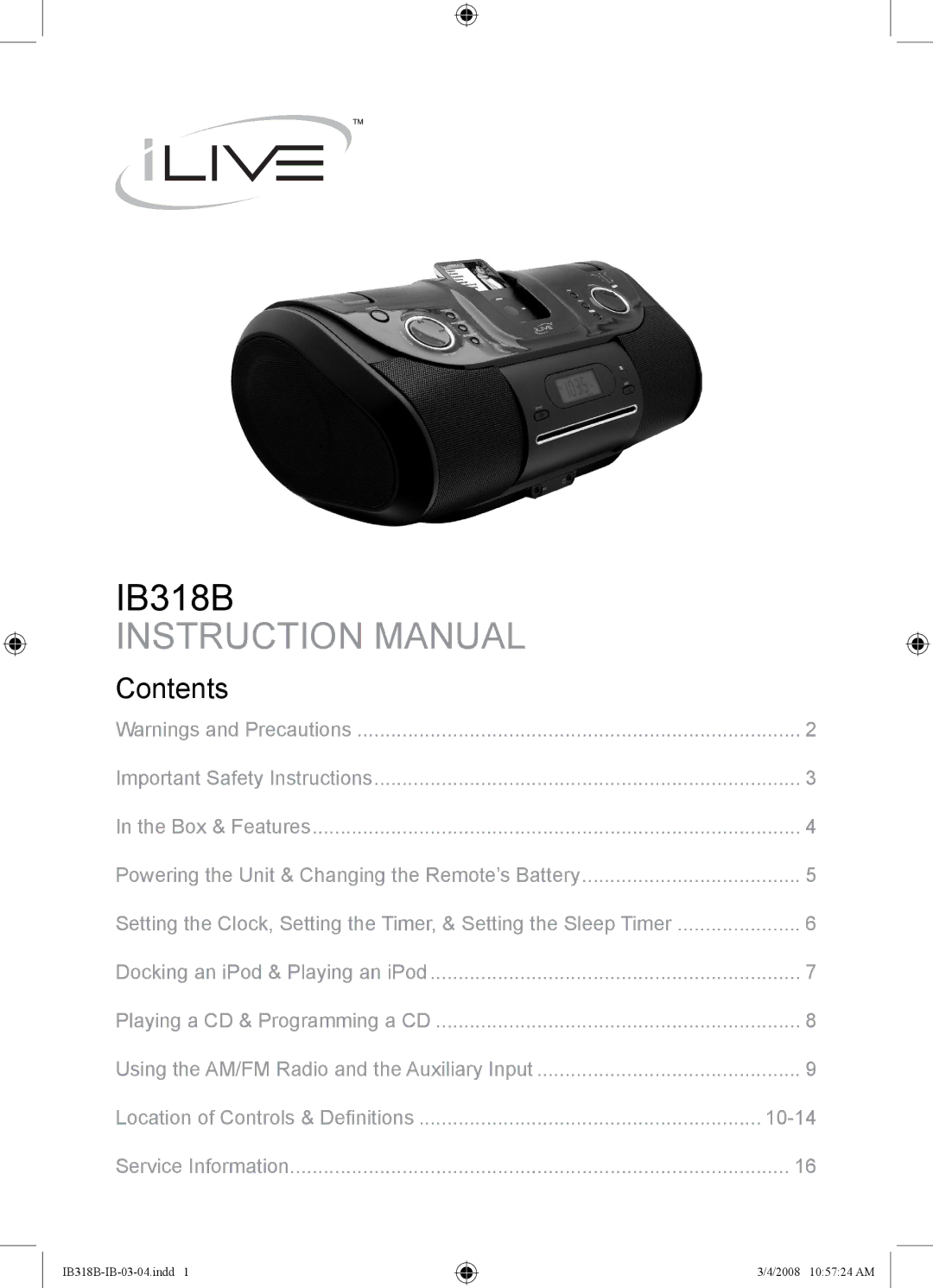 iLive IB318B instruction manual Contents 