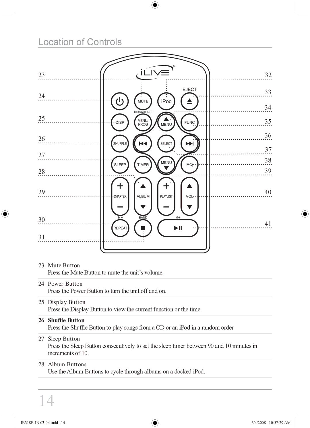 iLive IB318B instruction manual Mute Button 