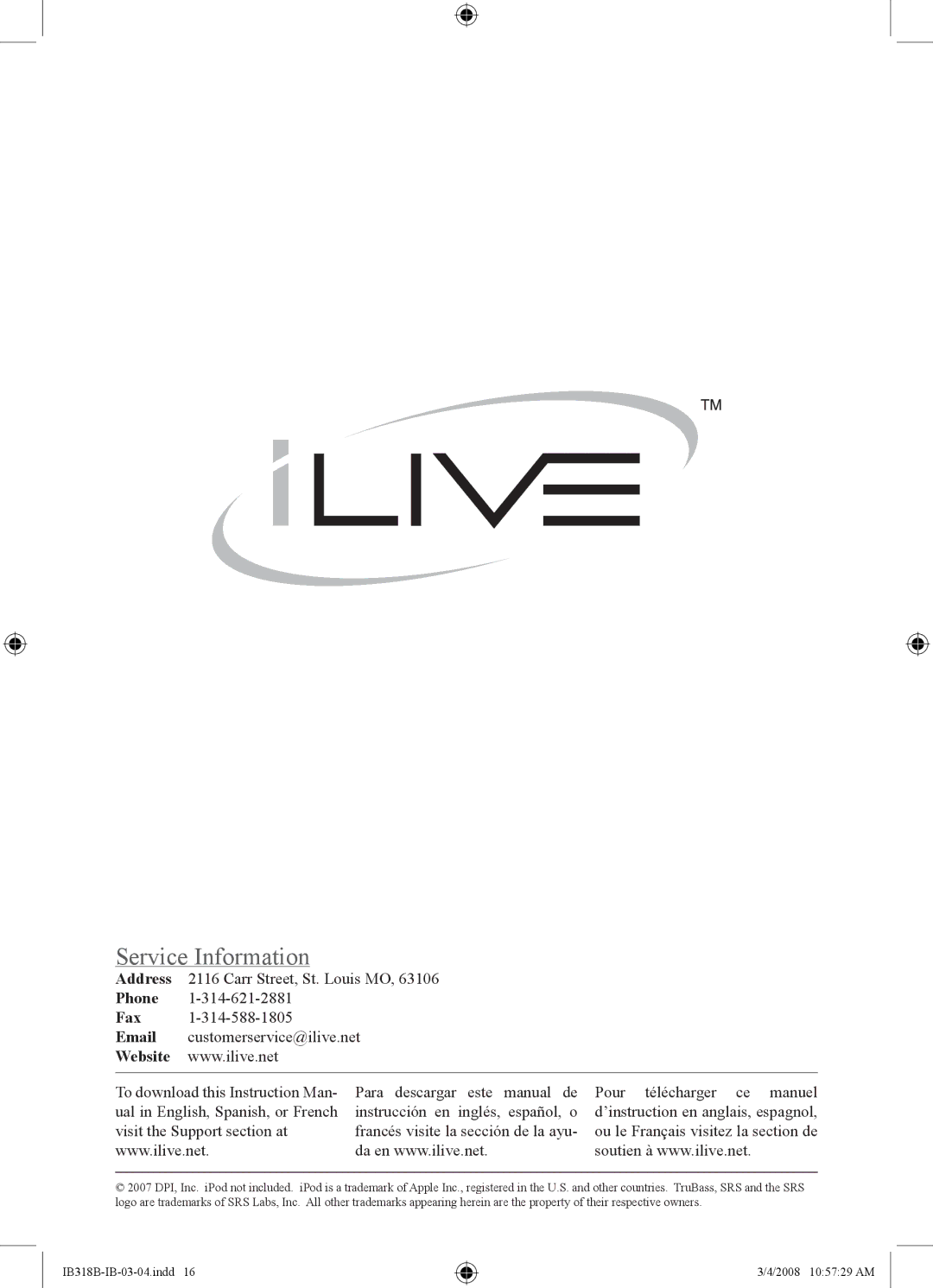 iLive IB318B instruction manual Service Information 