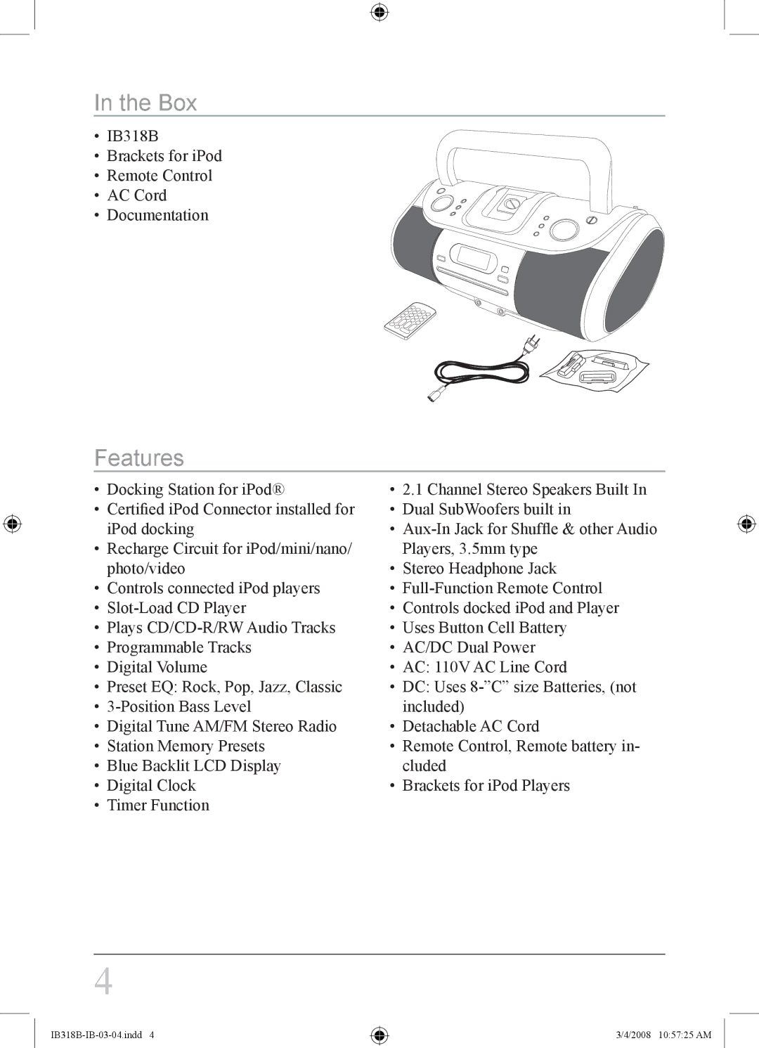 iLive IB318B instruction manual Box, Features 