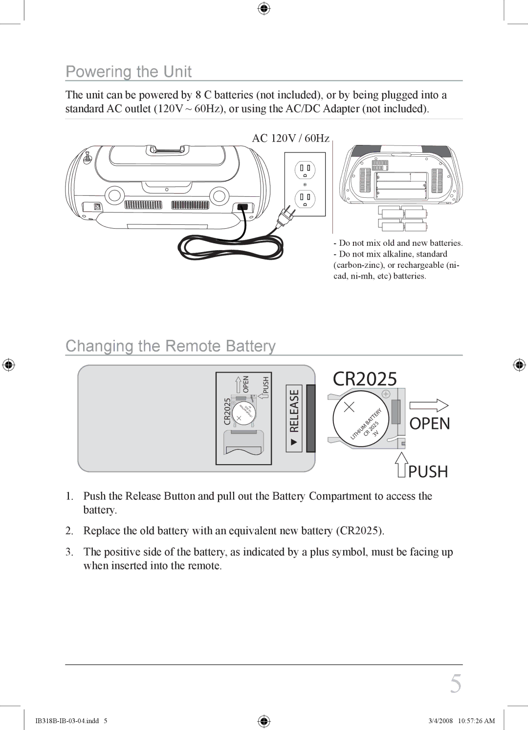 iLive IB318B instruction manual Powering the Unit, Changing the Remote Battery 