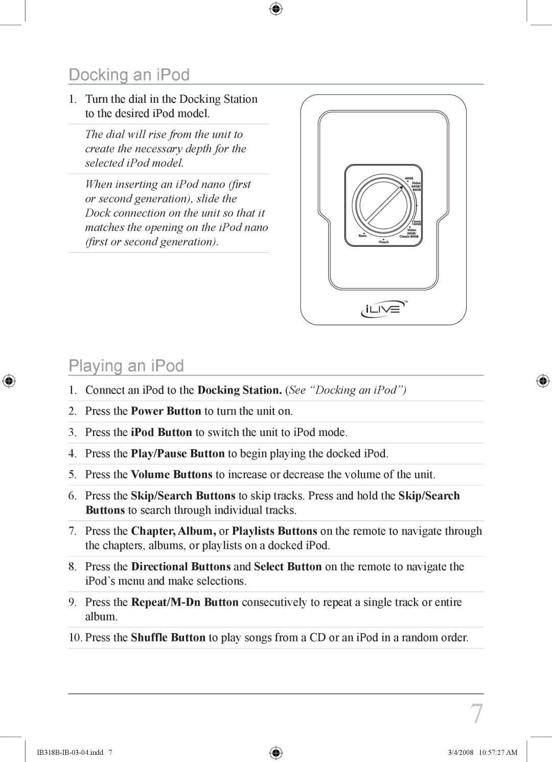 iLive IB318B instruction manual Docking an iPod, Playing an iPod 