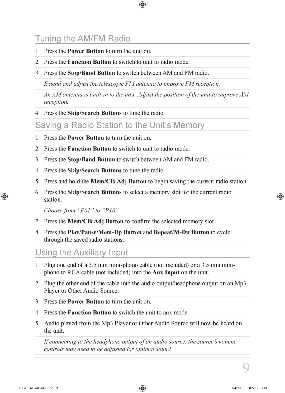 iLive IB318B Tuning the AM/FM Radio, Saving a Radio Station to the Unit’s Memory, Using the Auxiliary Input 
