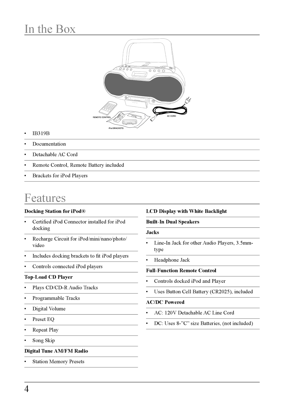 iLive IB319B-IB important safety instructions Box, Features 