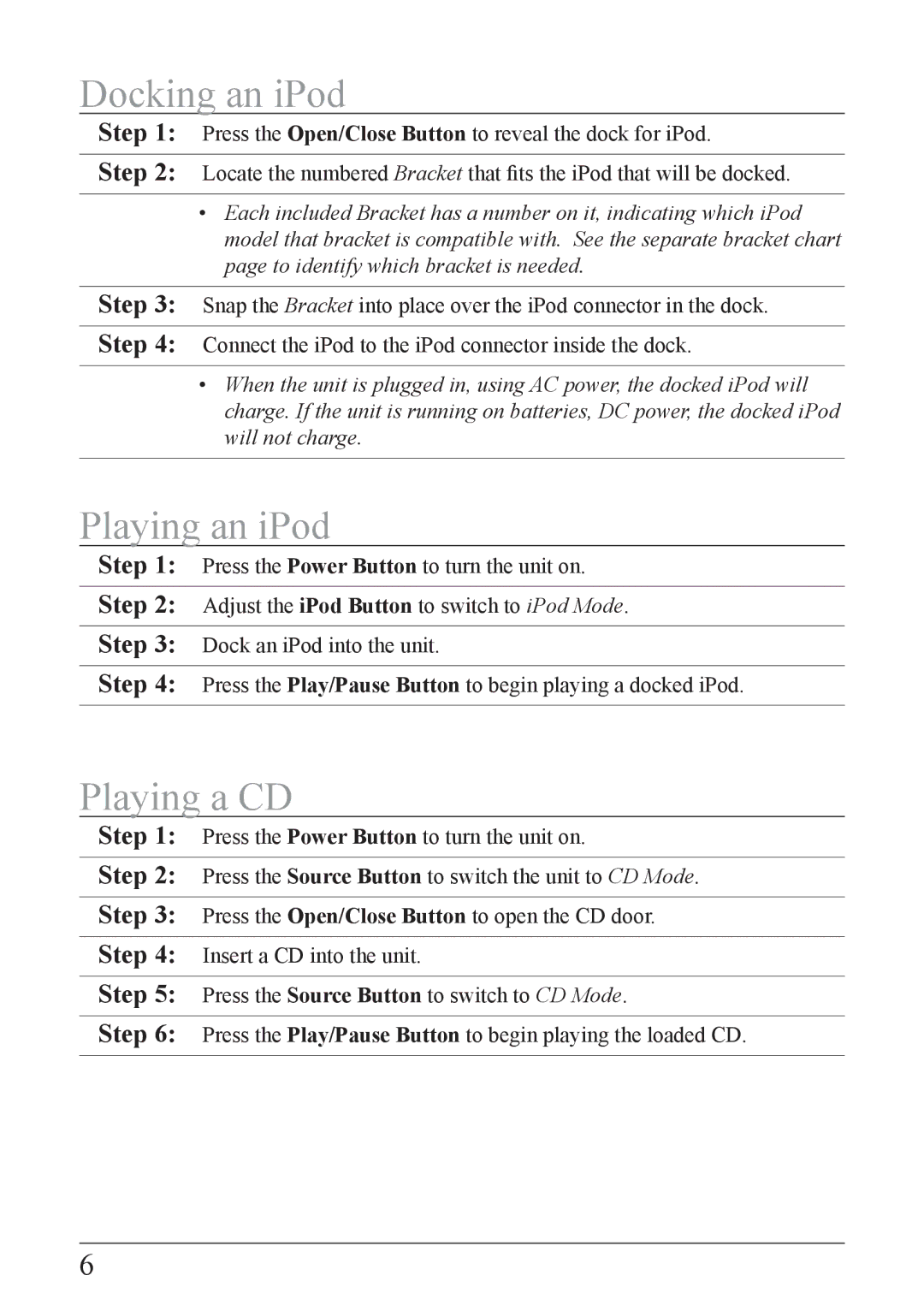 iLive IB319B-IB important safety instructions Docking an iPod, Playing an iPod, Playing a CD 