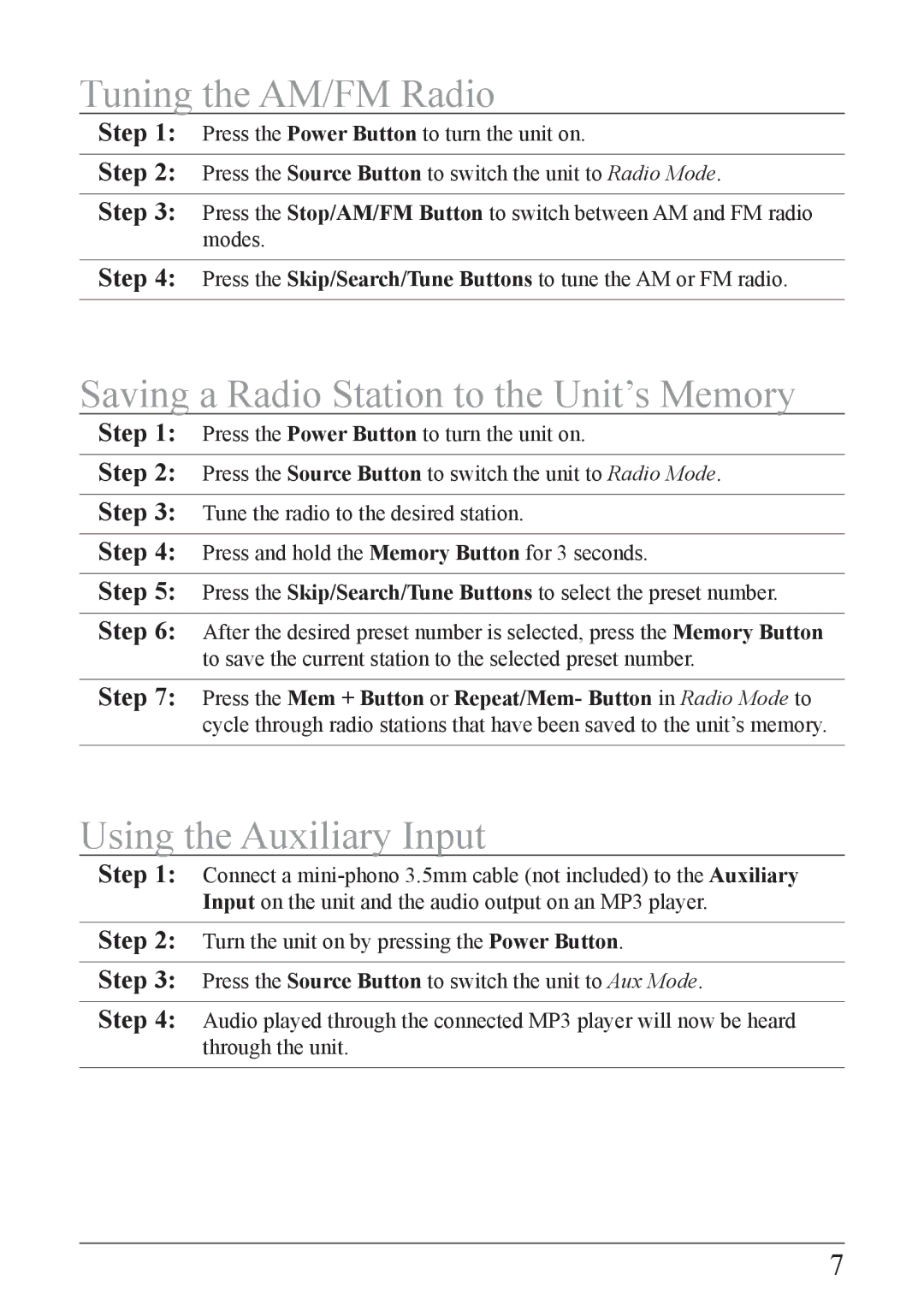 iLive IB319B-IB Tuning the AM/FM Radio, Saving a Radio Station to the Unit’s Memory, Using the Auxiliary Input 