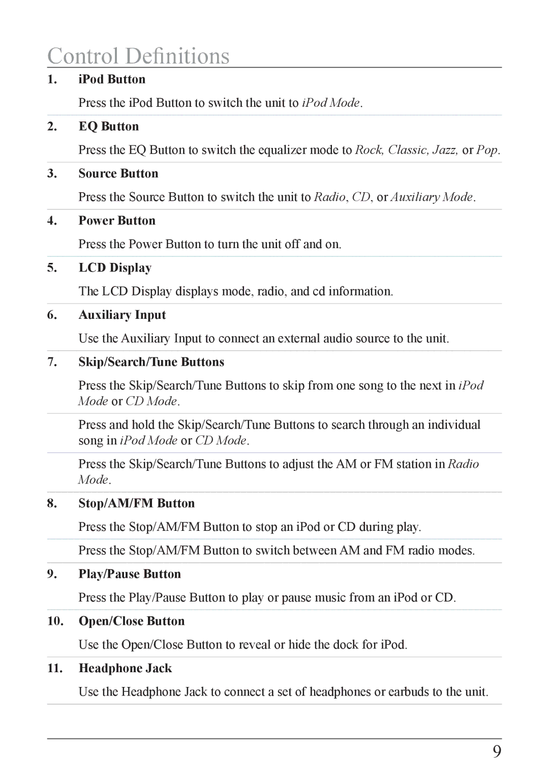 iLive IB319B-IB important safety instructions Control Definitions 