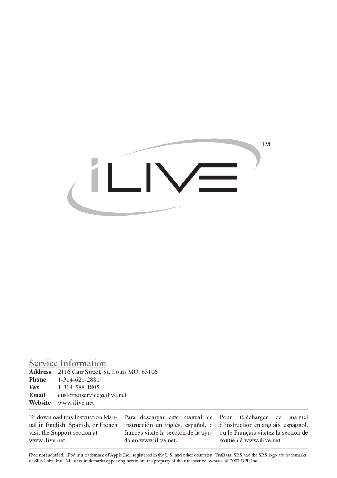 iLive IBCD2817DP instruction manual Service Information 