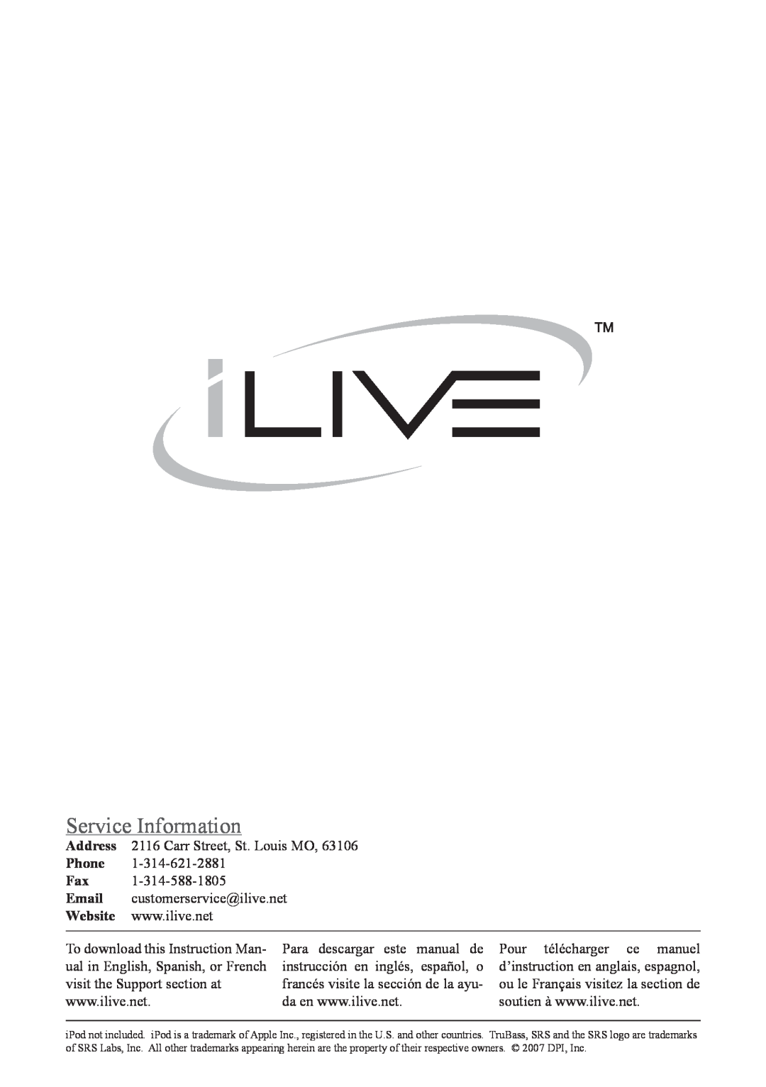 iLive IBCD2817DP instruction manual Service Information 
