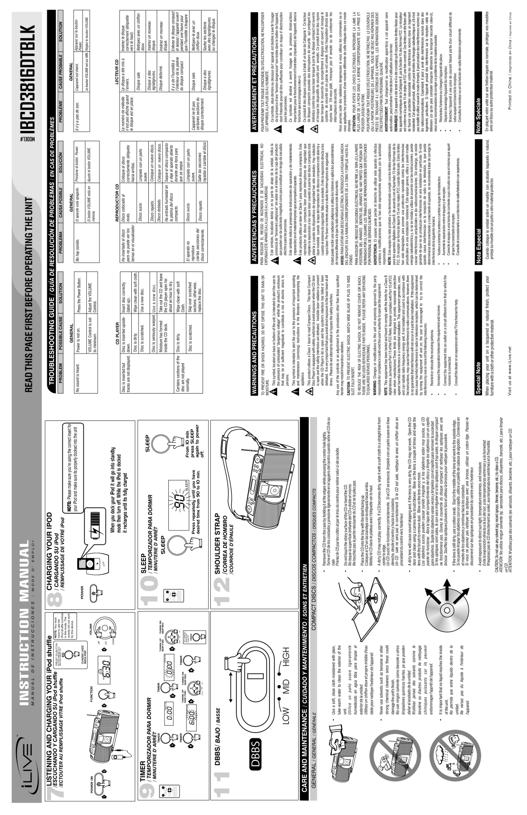 iLive instruction manual 9TIMER, 12SHOULDER STRAP, MODEL# IBCD3816DTBLK, Read This Page First Before Operating The Unit 
